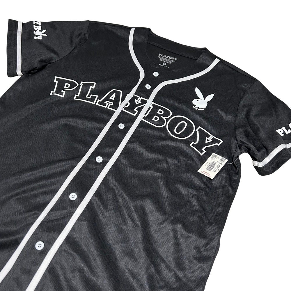 Playboy Baseball Jersey Mens Large Black White Button Up Logo 53 Graphic NWT